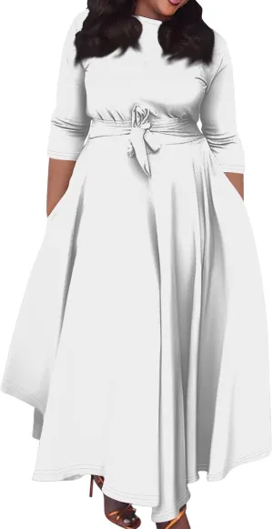 Women's Long Summer Dresses 2025 Plus Size Solid Color Crew Neck 3/4 Sleeve Smocked Straps Maxi Dresses, XL-5XL