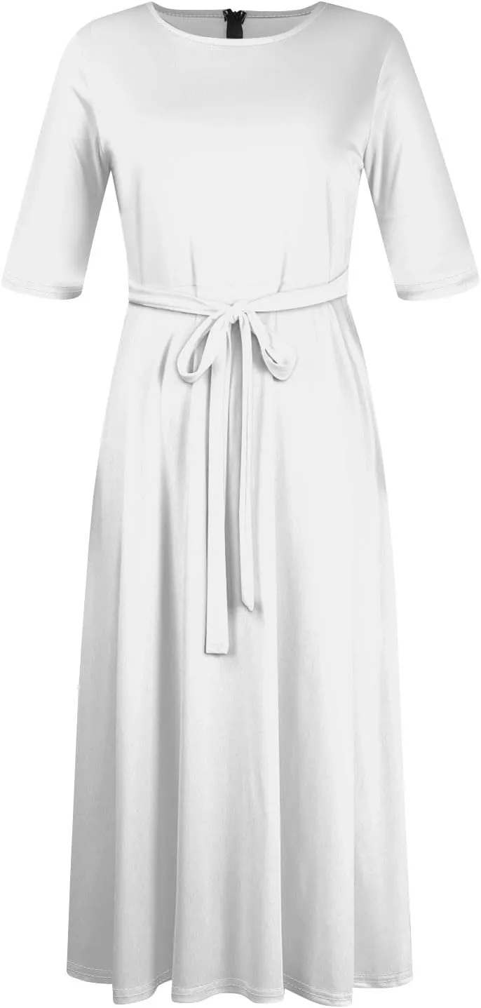 Women's Long Summer Dresses 2025 Plus Size Solid Color Crew Neck 3/4 Sleeve Smocked Straps Maxi Dresses, XL-5XL
