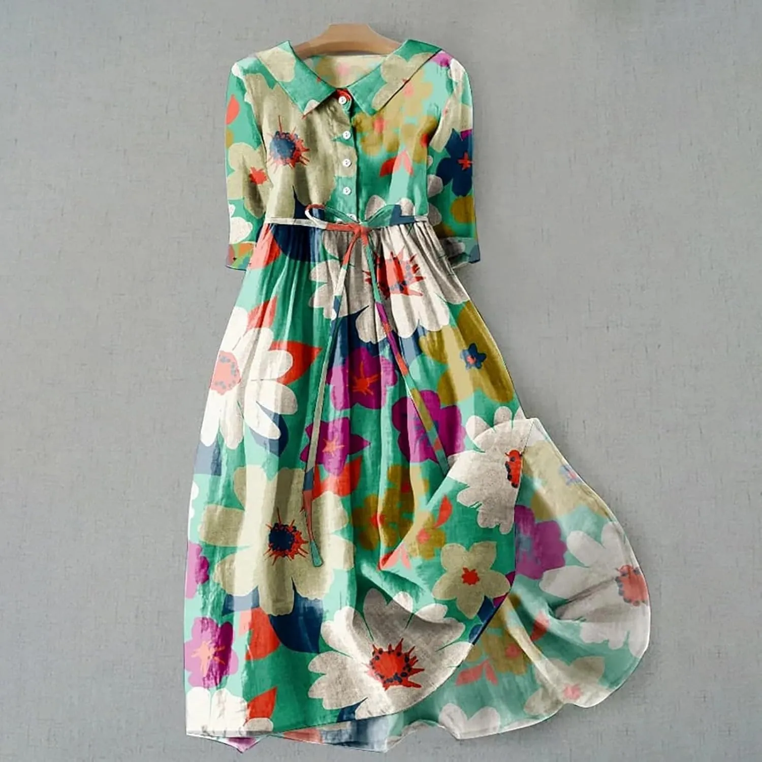 Women's Loose Cotton Linen Pleated Dress 3/4 Sleeve Tie Waist Floral Round Neck Lapel Button Midi Dress Flowy