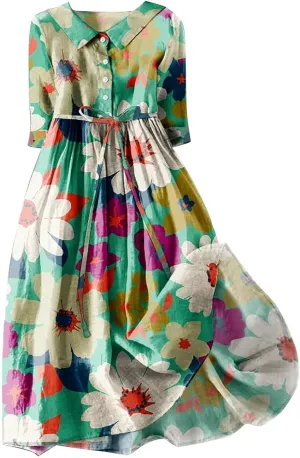 Women's Loose Cotton Linen Pleated Dress 3/4 Sleeve Tie Waist Floral Round Neck Lapel Button Midi Dress Flowy
