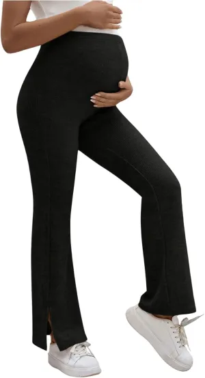 Women's Maternity Flare Leg Pants Elastic High Waist Pants Split Hem Pregnancy Trousers