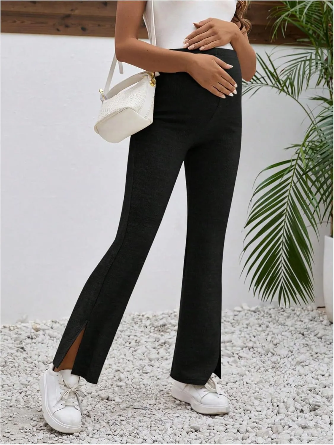 Women's Maternity Flare Leg Pants Elastic High Waist Pants Split Hem Pregnancy Trousers
