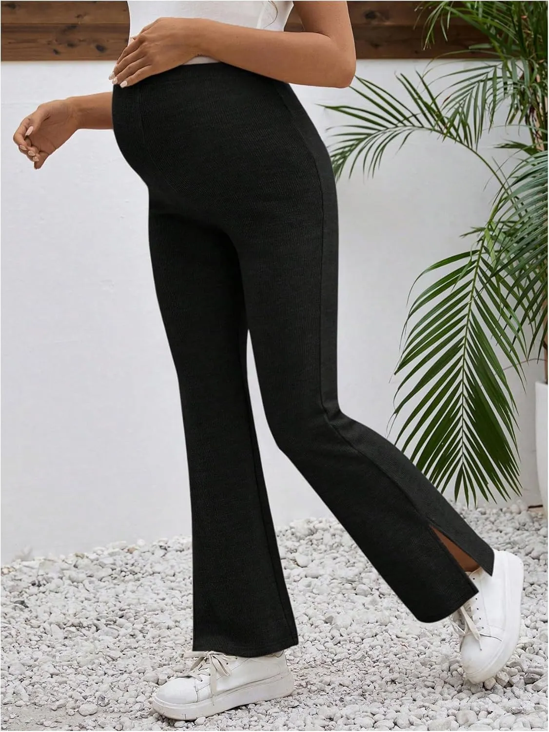Women's Maternity Flare Leg Pants Elastic High Waist Pants Split Hem Pregnancy Trousers