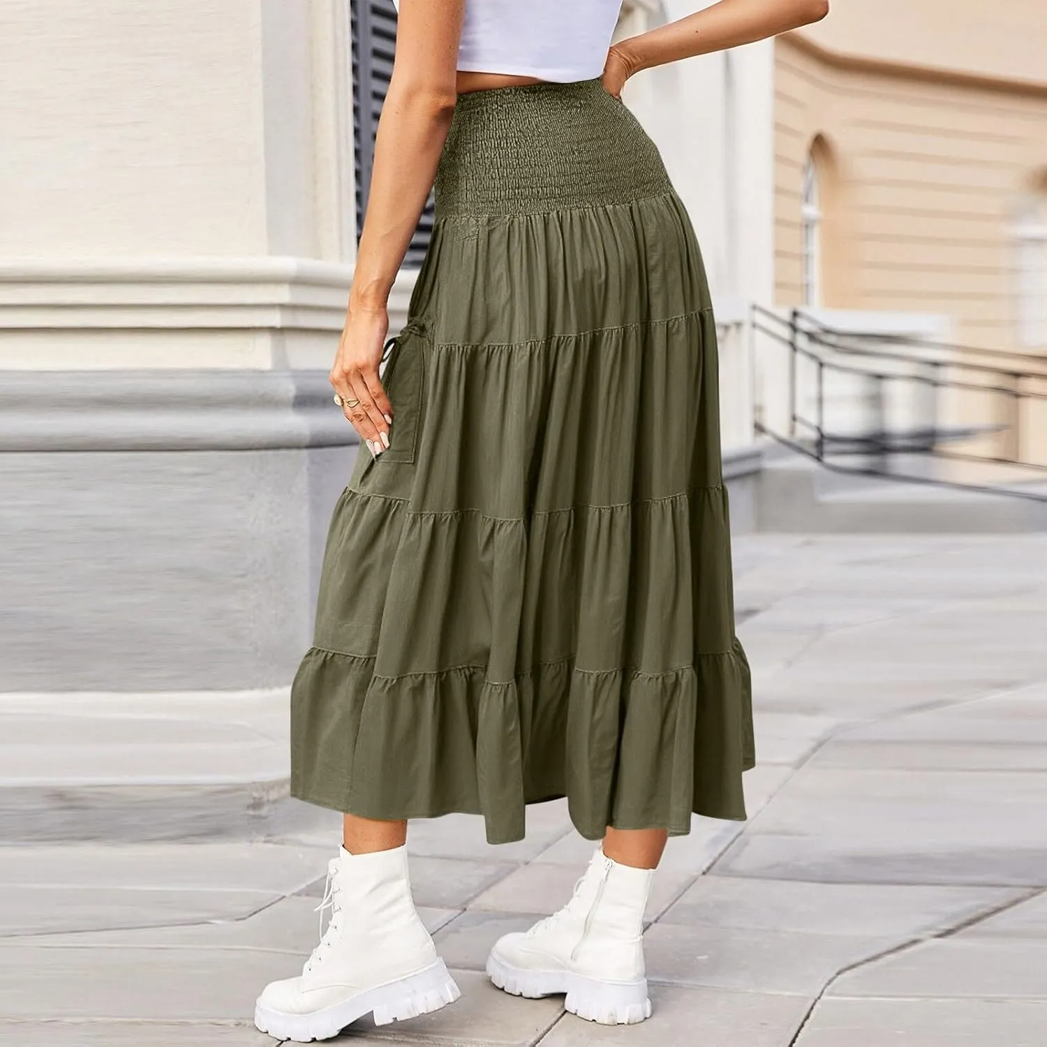 Women's Maxi Boho Skirt Long Hippie Bohemian Elastic Waist Gypsy Skirt Summer Flowy Pleated Tiered A Line Skirts