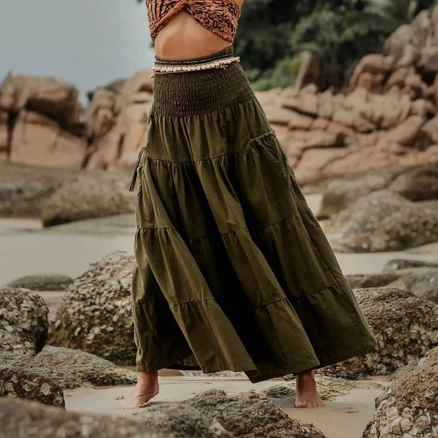 Women's Maxi Boho Skirt Long Hippie Bohemian Elastic Waist Gypsy Skirt Summer Flowy Pleated Tiered A Line Skirts