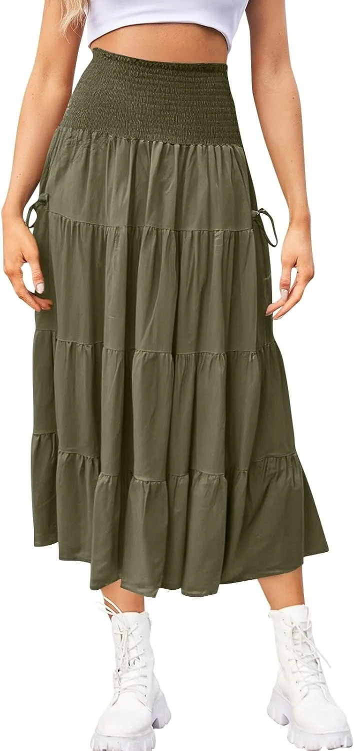 Women's Maxi Boho Skirt Long Hippie Bohemian Elastic Waist Gypsy Skirt Summer Flowy Pleated Tiered A Line Skirts