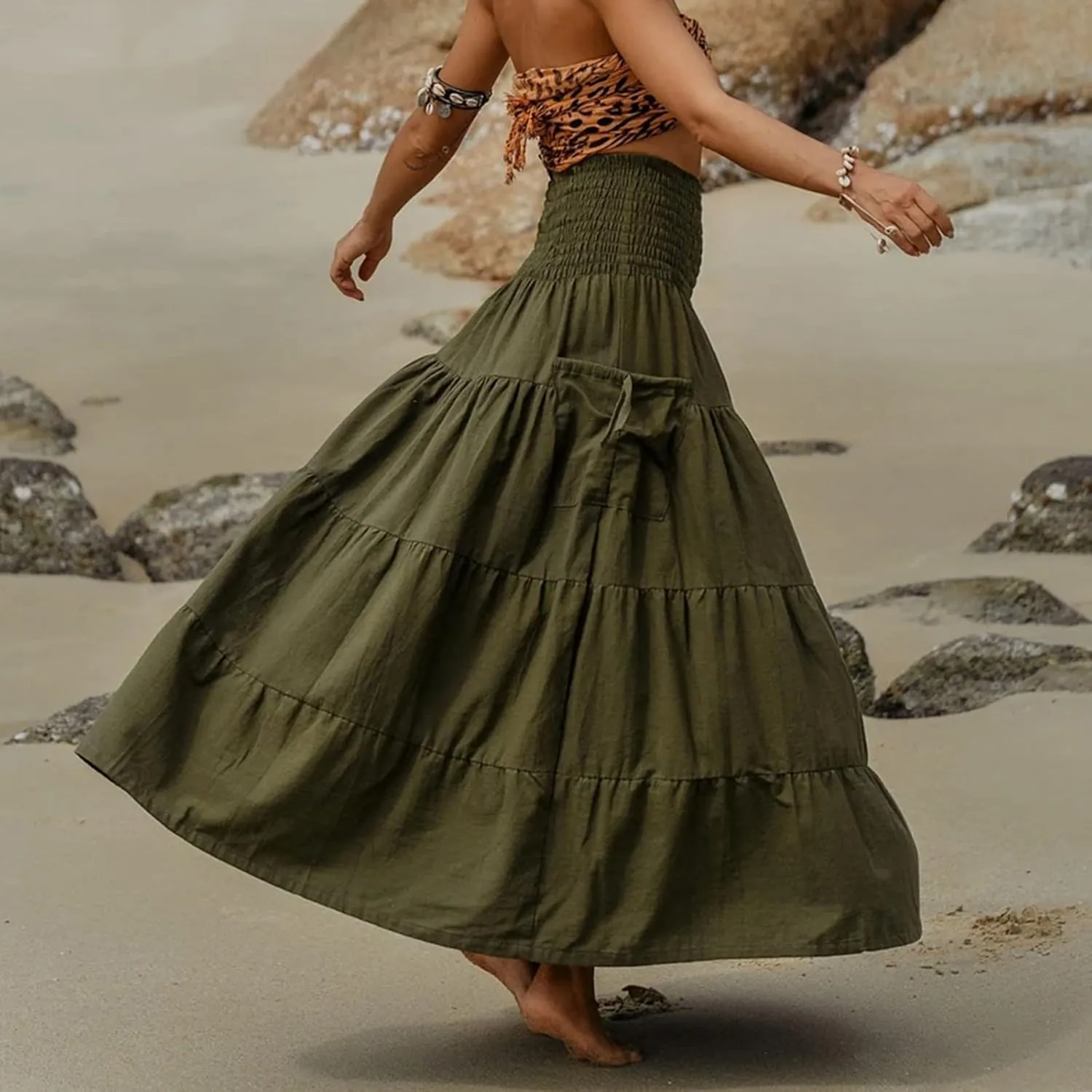 Women's Maxi Boho Skirt Long Hippie Bohemian Elastic Waist Gypsy Skirt Summer Flowy Pleated Tiered A Line Skirts