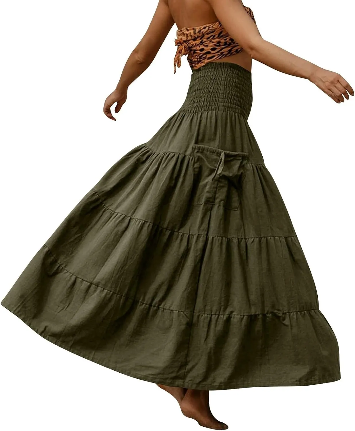 Women's Maxi Boho Skirt Long Hippie Bohemian Elastic Waist Gypsy Skirt Summer Flowy Pleated Tiered A Line Skirts