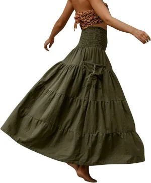 Women's Maxi Boho Skirt Long Hippie Bohemian Elastic Waist Gypsy Skirt Summer Flowy Pleated Tiered A Line Skirts