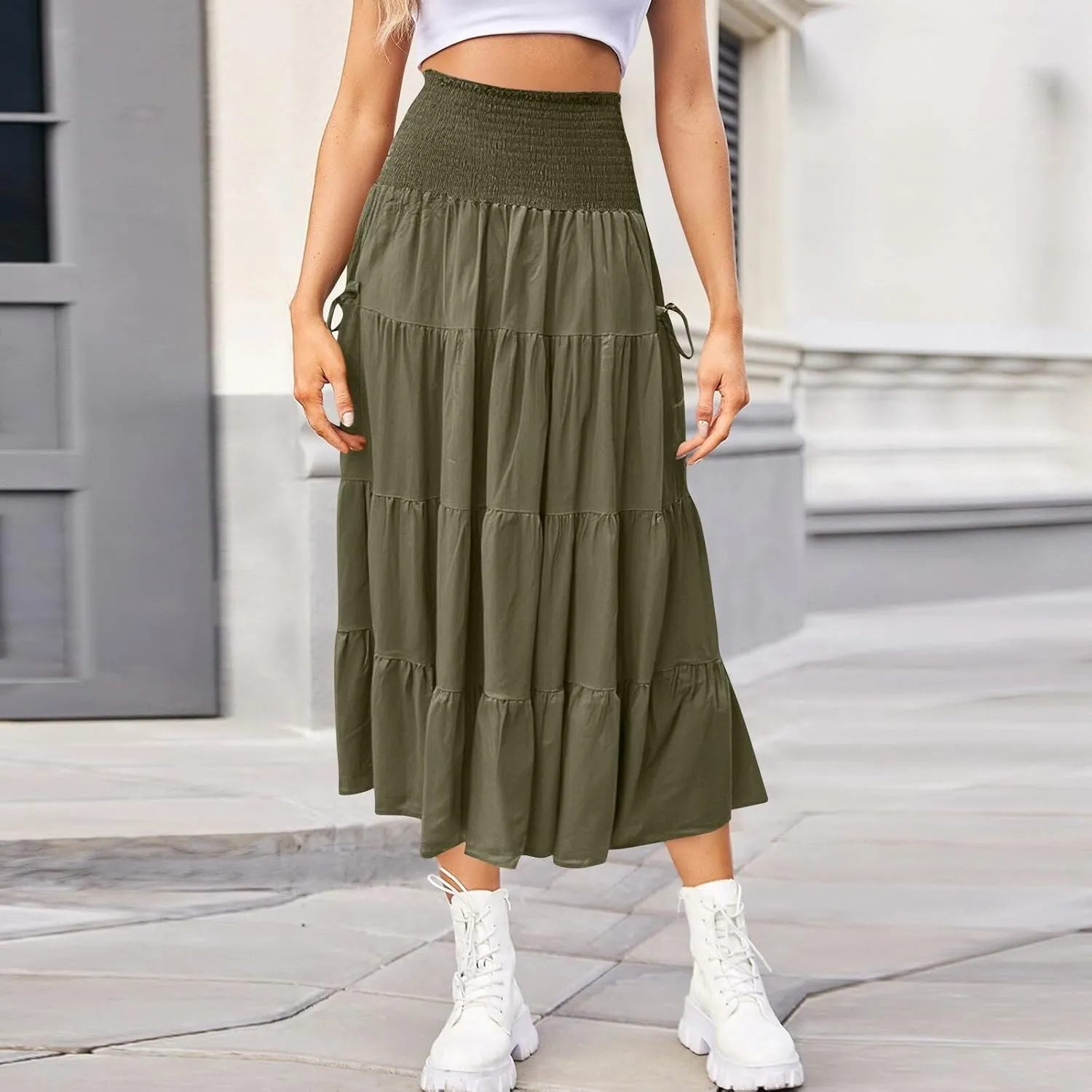 Women's Maxi Boho Skirt Long Hippie Bohemian Elastic Waist Gypsy Skirt Summer Flowy Pleated Tiered A Line Skirts