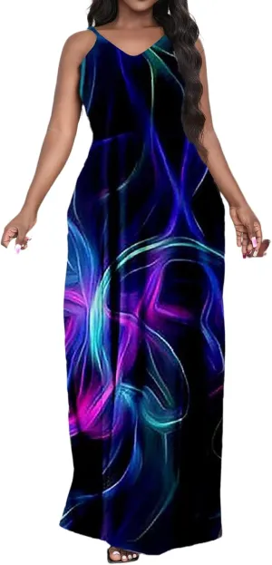 Women's Maxi Dresses Summer Sleeveless Loose Colorful with Pocket Casual Long Sundress Plus Size