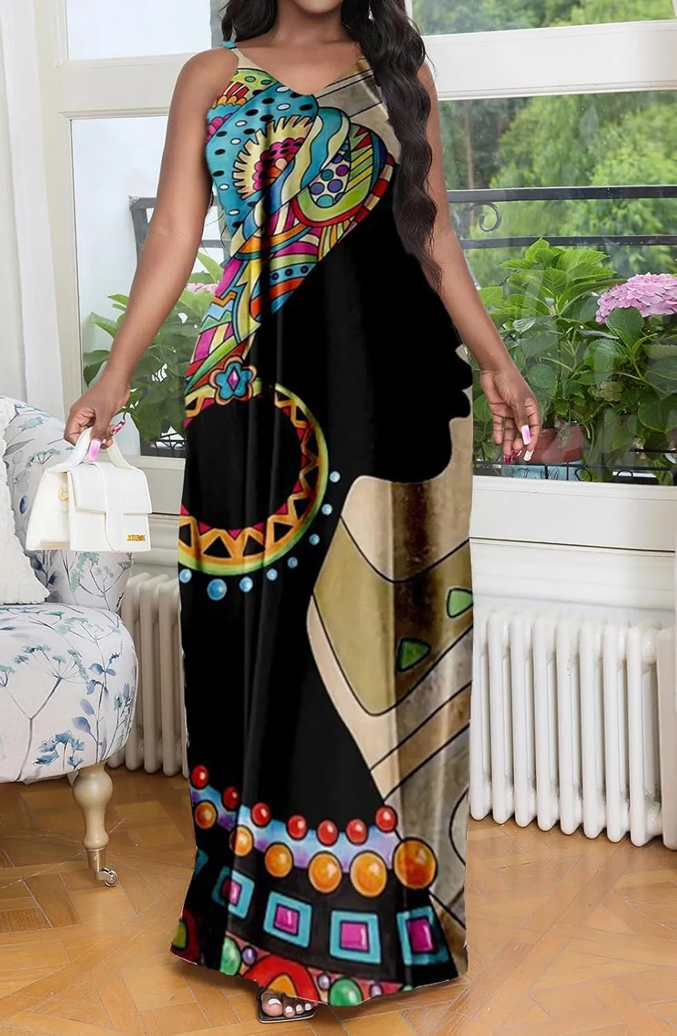 Women's Maxi Dresses Summer Sleeveless Loose Colorful with Pocket Casual Long Sundress Plus Size