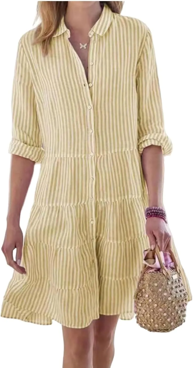 Womens Mini Dress Summer Striped Lapel Button Down Long Sleeve Dresses Casual Tummy Control A Lien Beach Sundress