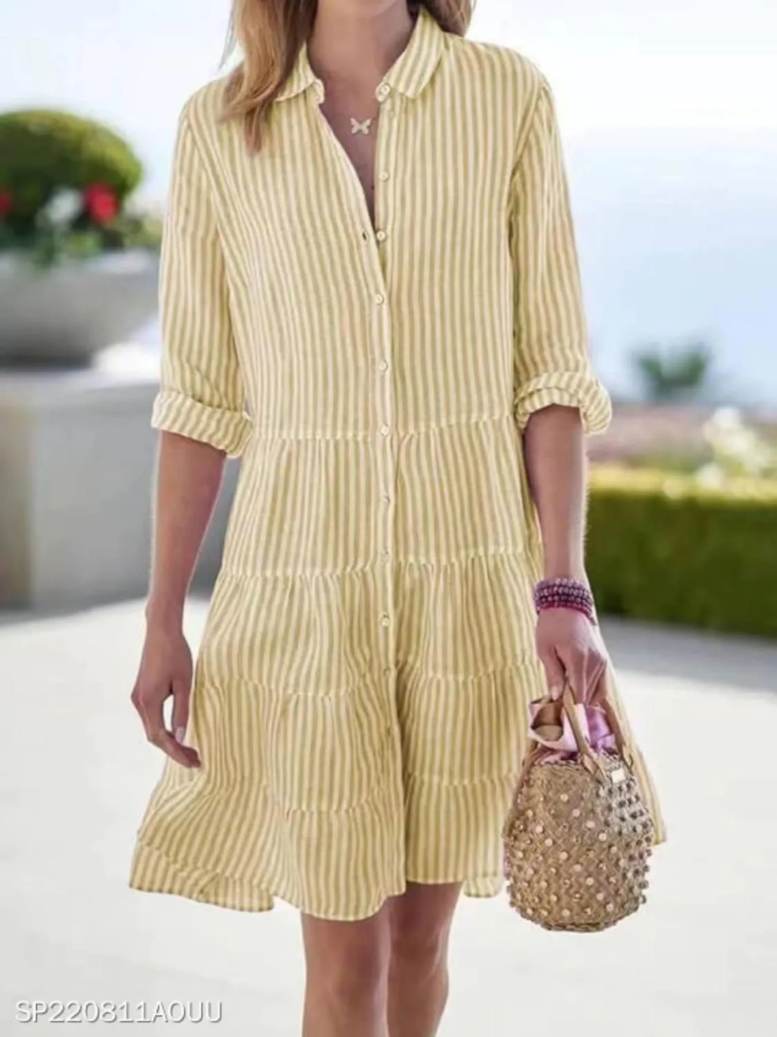 Womens Mini Dress Summer Striped Lapel Button Down Long Sleeve Dresses Casual Tummy Control A Lien Beach Sundress