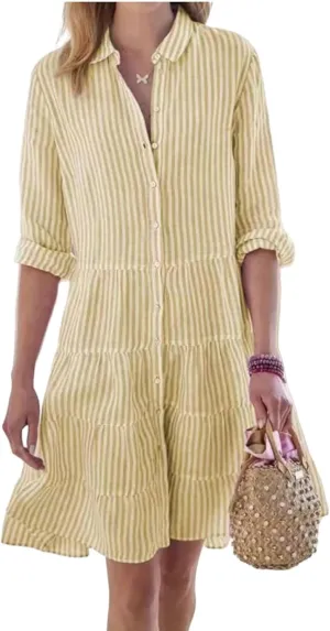 Womens Mini Dress Summer Striped Lapel Button Down Long Sleeve Dresses Casual Tummy Control A Lien Beach Sundress