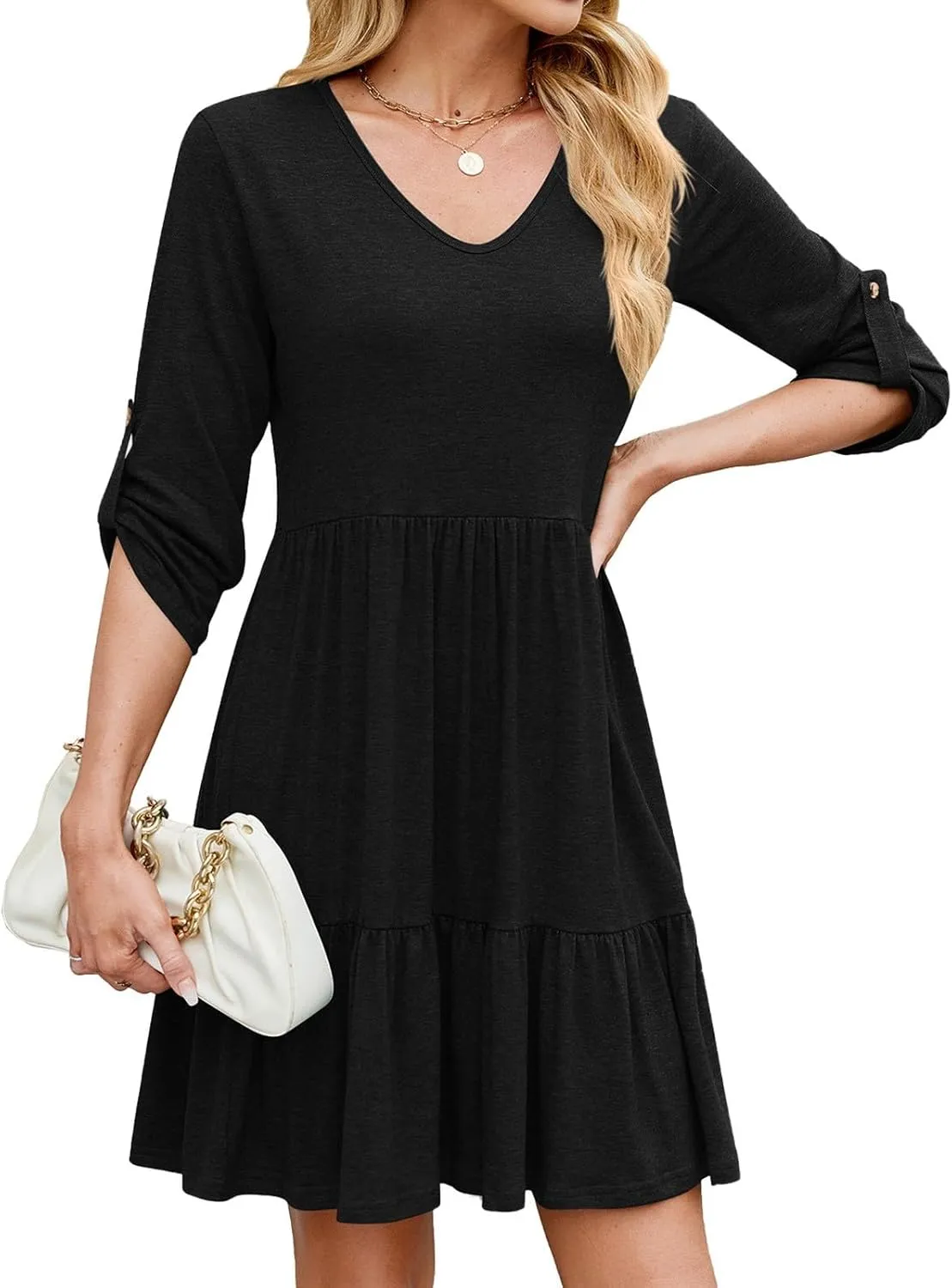 Women's Mini Dress V Neck Roll 3/4 Sleeve A Line Dresses Loose Fit Ruffle Flowy Boho Short Beach Sundresses