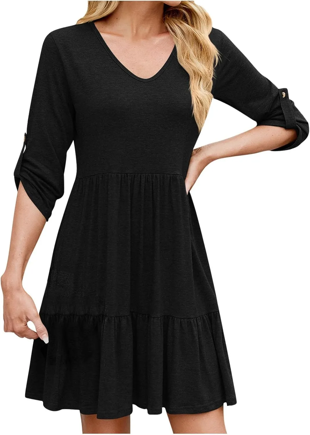 Women's Mini Dress V Neck Roll 3/4 Sleeve A Line Dresses Loose Fit Ruffle Flowy Boho Short Beach Sundresses