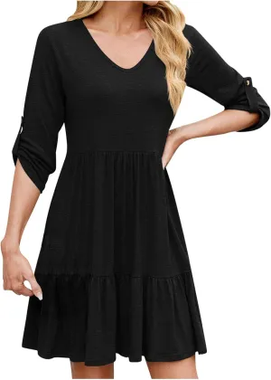 Women's Mini Dress V Neck Roll 3/4 Sleeve A Line Dresses Loose Fit Ruffle Flowy Boho Short Beach Sundresses