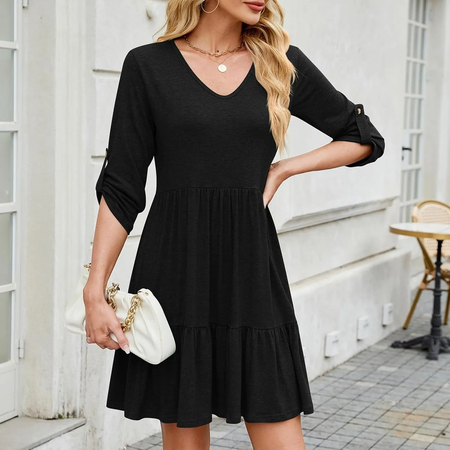 Women's Mini Dress V Neck Roll 3/4 Sleeve A Line Dresses Loose Fit Ruffle Flowy Boho Short Beach Sundresses