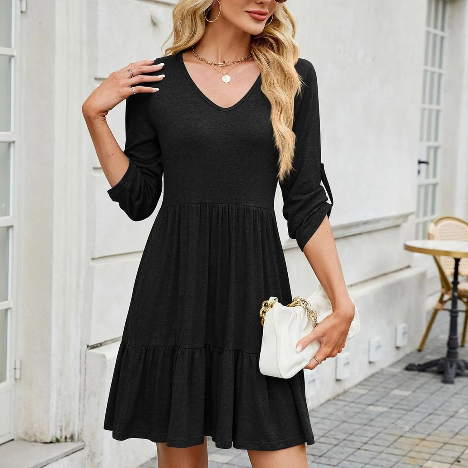 Women's Mini Dress V Neck Roll 3/4 Sleeve A Line Dresses Loose Fit Ruffle Flowy Boho Short Beach Sundresses