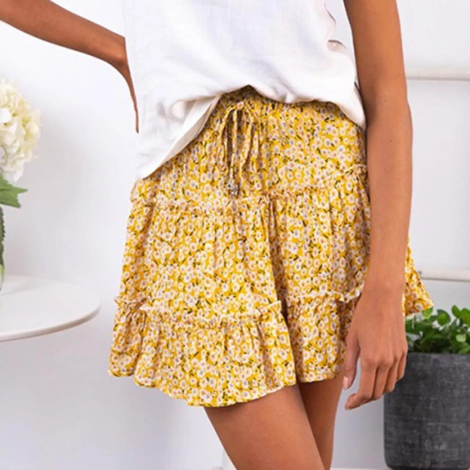 Women's Mini Skirt Summer Casual Stretch Waist Print Pleated Flared A Line Skater Shirt, S-2XL