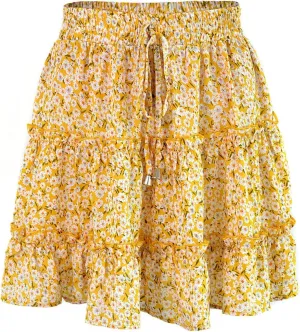 Women's Mini Skirt Summer Casual Stretch Waist Print Pleated Flared A Line Skater Shirt, S-2XL