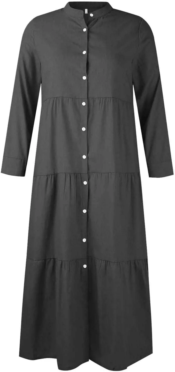 Women's Plaid Maxi Dress Button Up Tiered Ruffle Flowy Dresses Long Dresses Plus Size Elegant Casual Boho Shirt Dress