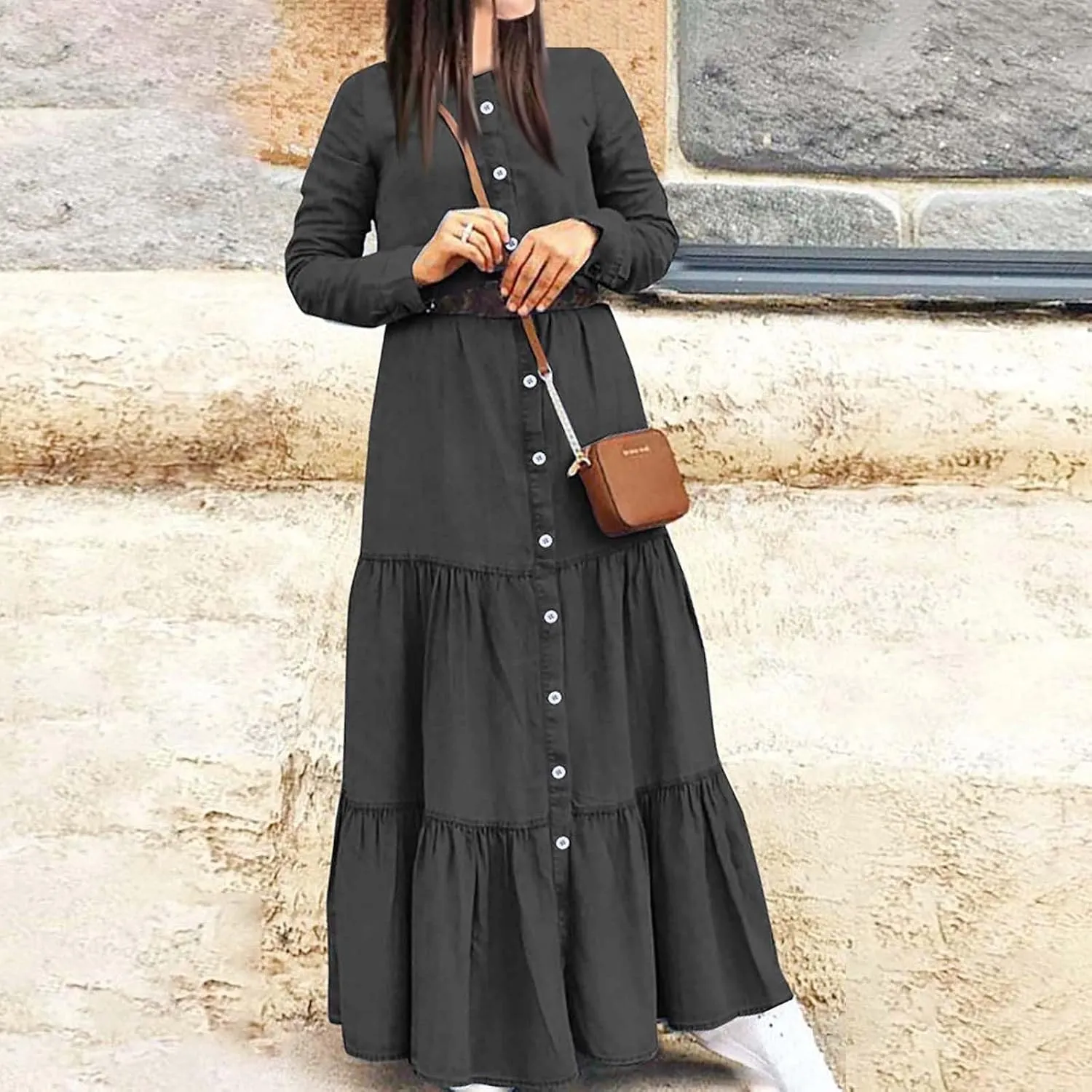 Women's Plaid Maxi Dress Button Up Tiered Ruffle Flowy Dresses Long Dresses Plus Size Elegant Casual Boho Shirt Dress