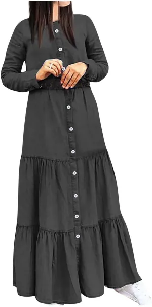 Women's Plaid Maxi Dress Button Up Tiered Ruffle Flowy Dresses Long Dresses Plus Size Elegant Casual Boho Shirt Dress