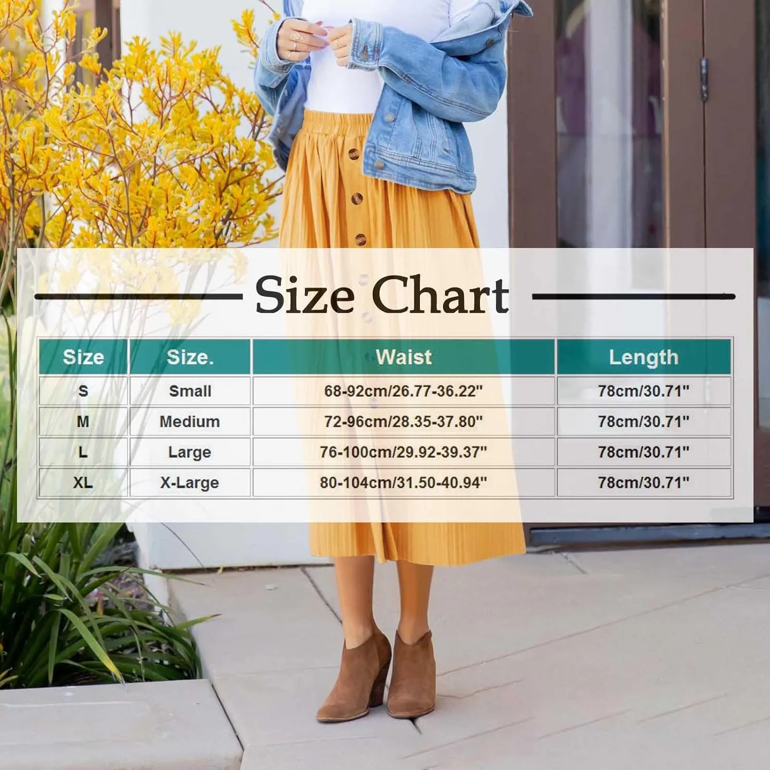 Women's Pleated Midi Skirt Flowy Summer Pleated High Waisted Casual Button Front Skirts with Pockets
