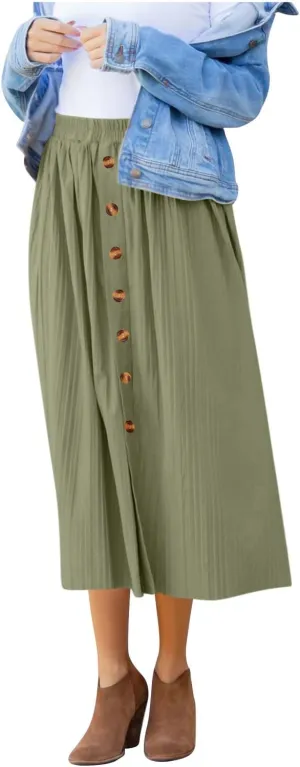 Women's Pleated Midi Skirt Flowy Summer Pleated High Waisted Casual Button Front Skirts with Pockets