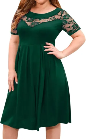 Women's Plus Size Short Sleeve Lace Midi Dress Pleated Casual Summer Flowy Dress with Pockets Petite Maxi Dresses