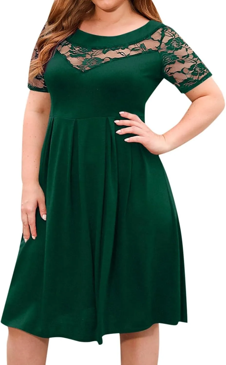 Women's Plus Size Short Sleeve Lace Midi Dress Pleated Casual Summer Flowy Dress with Pockets Petite Maxi Dresses
