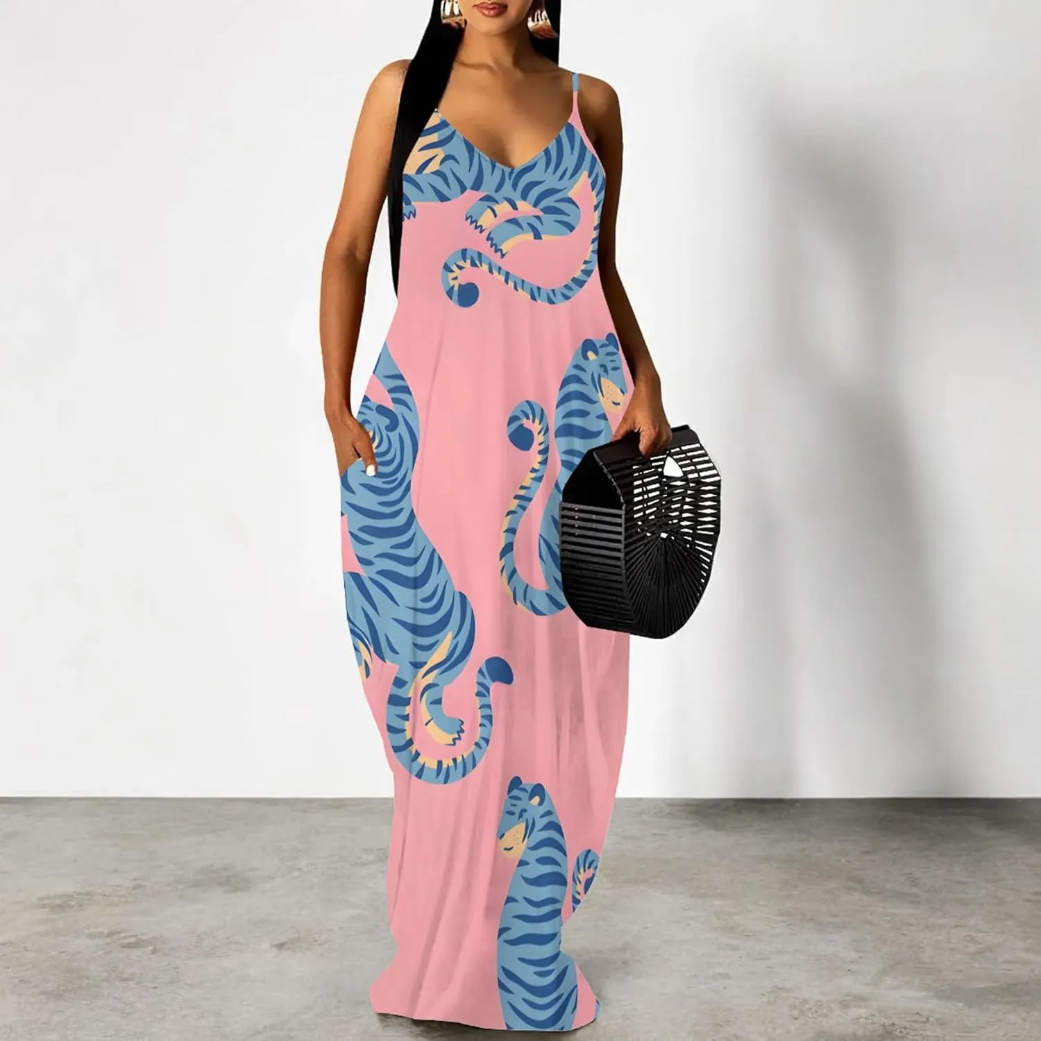 Women's Plus Size Summer Dresses Spaghetti Print Midi Dresses Long Loose Sundresses