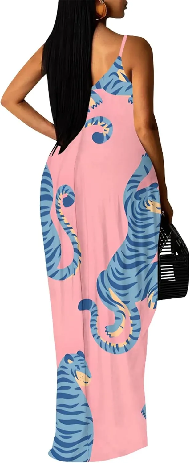 Women's Plus Size Summer Dresses Spaghetti Print Midi Dresses Long Loose Sundresses
