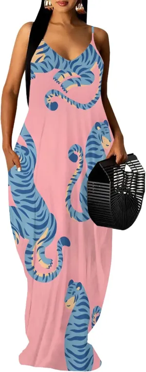 Women's Plus Size Summer Dresses Spaghetti Print Midi Dresses Long Loose Sundresses