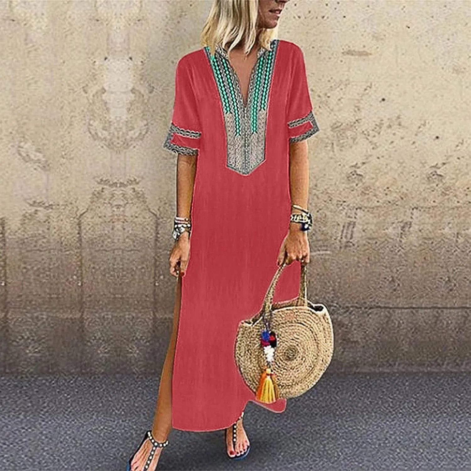 Women's Retro Long Puff Sleeve Beach Plaid Tunic Dress Gingham Swing Tiered Midi Long Shift Sun Dress Plus Size