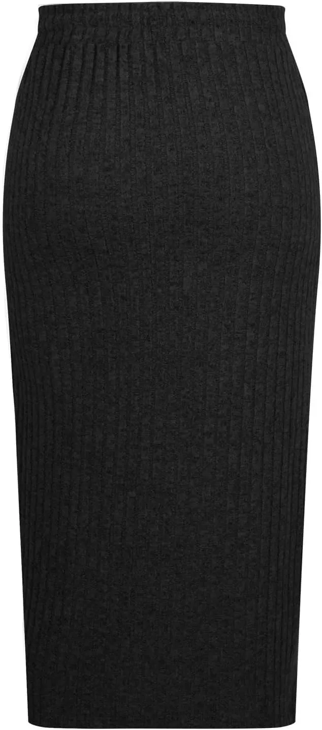 Women's Ribbed Knit Office Pencil Skirt Elastic High Waist Slit Solid Skirts Casual Fashion Elegant Bodycon Skorts