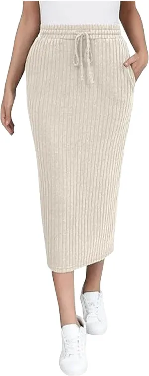 Women's Ribbed Knit Office Pencil Skirt Elastic High Waist Slit Solid Skirts Casual Fashion Elegant Bodycon Skorts