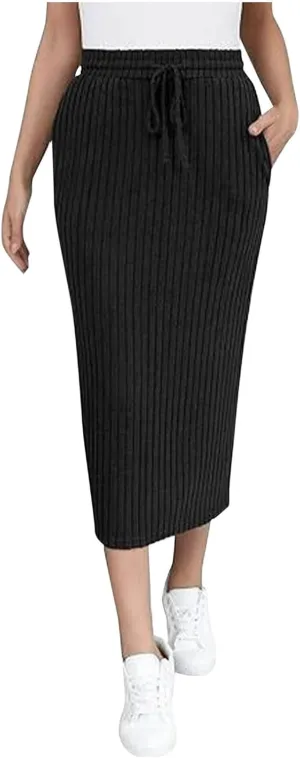 Women's Ribbed Knit Office Pencil Skirt Elastic High Waist Slit Solid Skirts Casual Fashion Elegant Bodycon Skorts