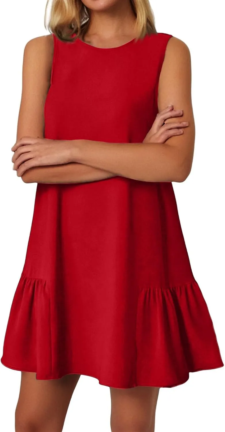 Women's Ruffle Hem Sleeveless Tank Dress Round Neck Casual Jacquard Hem Smock Summer Mini Dresses Sleeveless Dress for Women