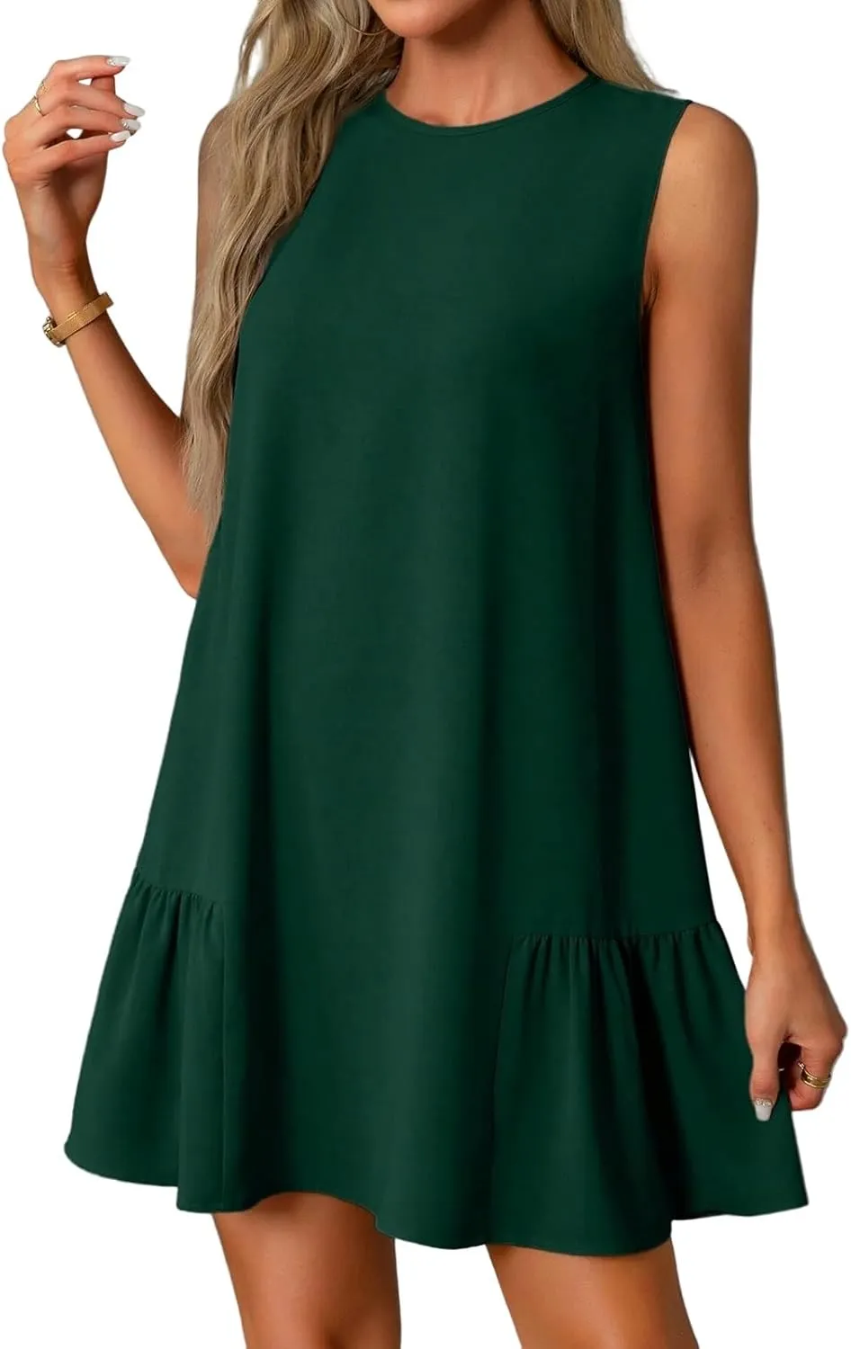 Women's Ruffle Hem Sleeveless Tank Dress Round Neck Casual Jacquard Hem Smock Summer Mini Dresses Sleeveless Dress for Women