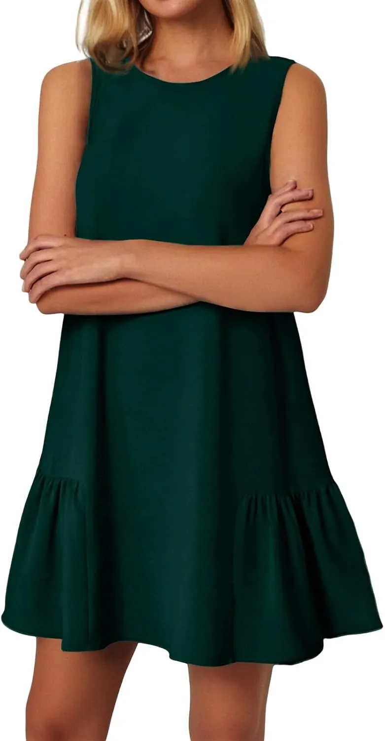 Women's Ruffle Hem Sleeveless Tank Dress Round Neck Casual Jacquard Hem Smock Summer Mini Dresses Sleeveless Dress for Women