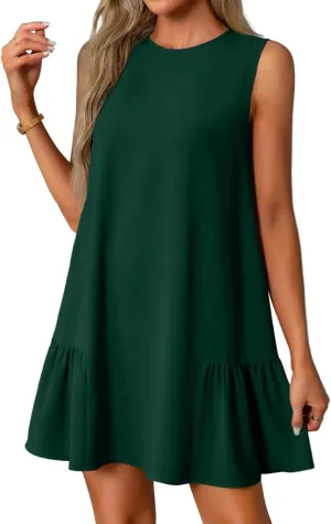 Women's Ruffle Hem Sleeveless Tank Dress Round Neck Casual Jacquard Hem Smock Summer Mini Dresses Sleeveless Dress for Women