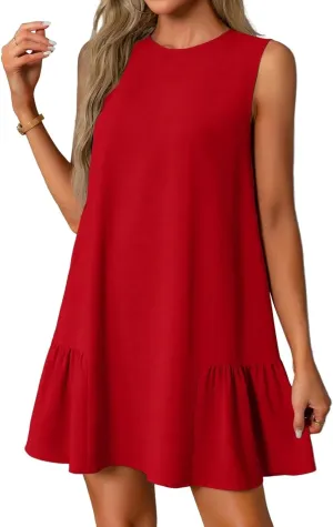 Women's Ruffle Hem Sleeveless Tank Dress Round Neck Casual Jacquard Hem Smock Summer Mini Dresses Sleeveless Dress for Women
