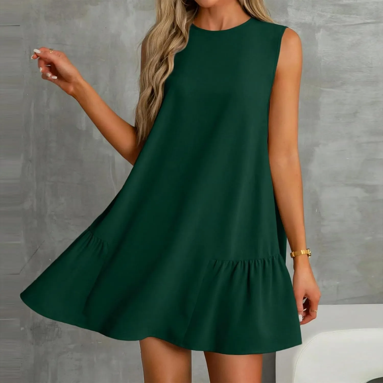 Women's Ruffle Hem Sleeveless Tank Dress Round Neck Casual Jacquard Hem Smock Summer Mini Dresses Sleeveless Dress for Women
