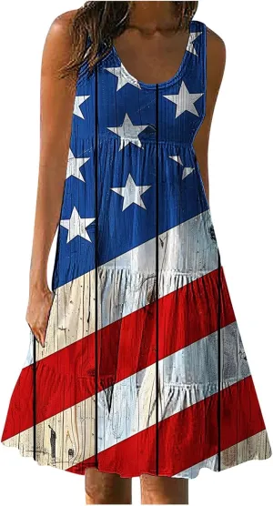 Women's Ruffled Mini Dress Plus Size Trendy American Independence Day Graphic Tank Dress Summer Loose Swing Sundress