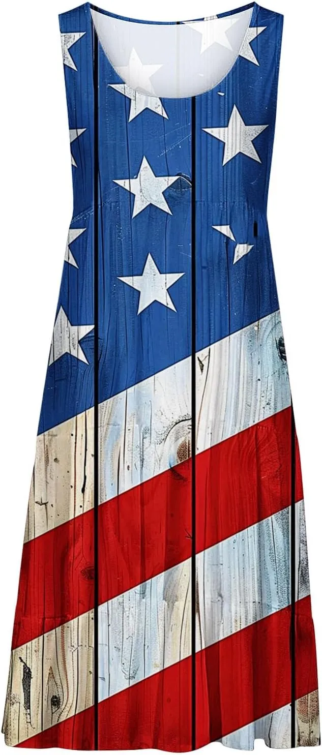 Women's Ruffled Mini Dress Plus Size Trendy American Independence Day Graphic Tank Dress Summer Loose Swing Sundress