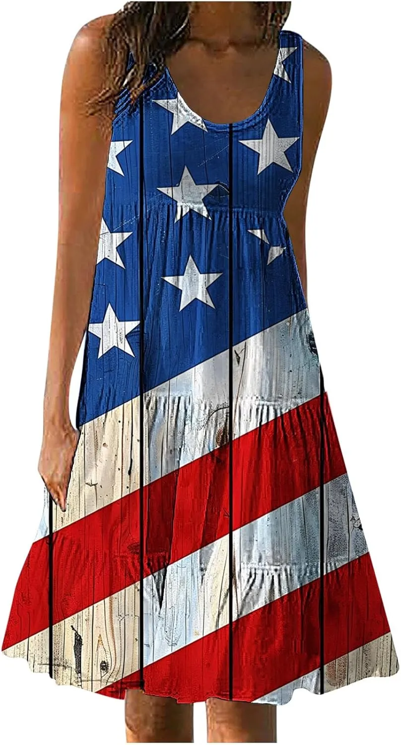 Women's Ruffled Mini Dress Plus Size Trendy American Independence Day Graphic Tank Dress Summer Loose Swing Sundress