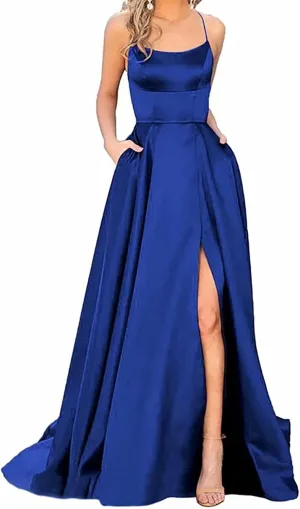 Women's Satin Prom Dresses with Slit Strapless Cowl Neck Corset Formal Dresses A Line Ball Gowns with Pockets